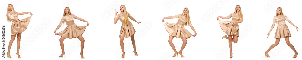 Beautiful woman in golden dress isolated on white Beautiful woman in golden dress isolated on white
