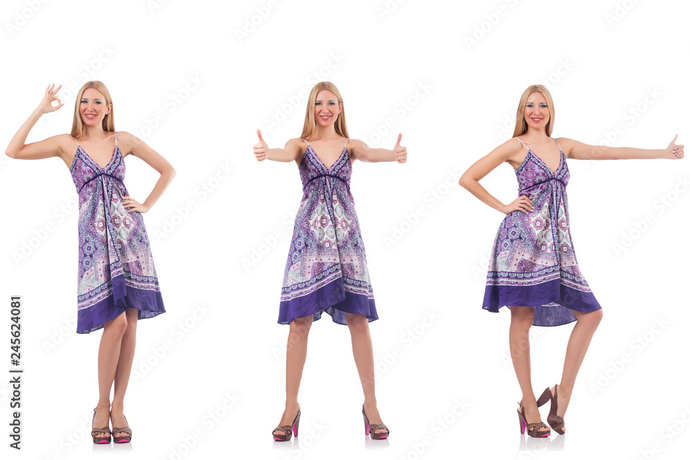 Beautiful woman in purple dress isolated on white Beautiful woman in purple dress isolated on white