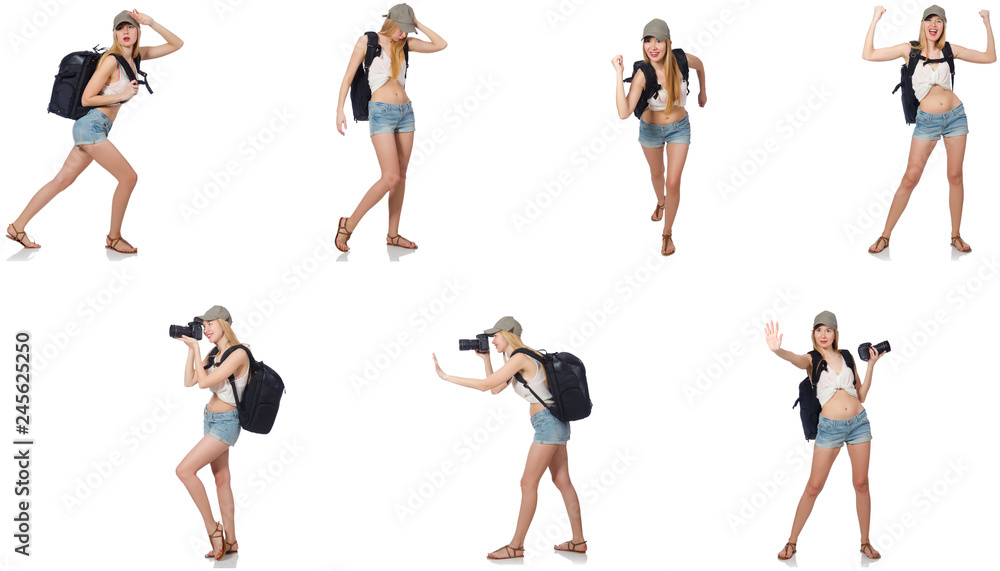 Beautiful woman in shorts with backpack and camera Beautiful woman in shorts with backpack and camera