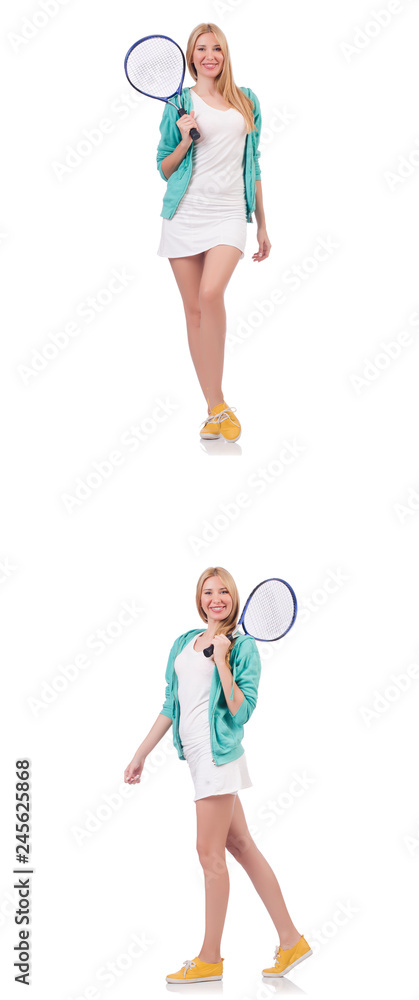 Fototapeta premium Young beautiful lady playing tennis isolated on white 