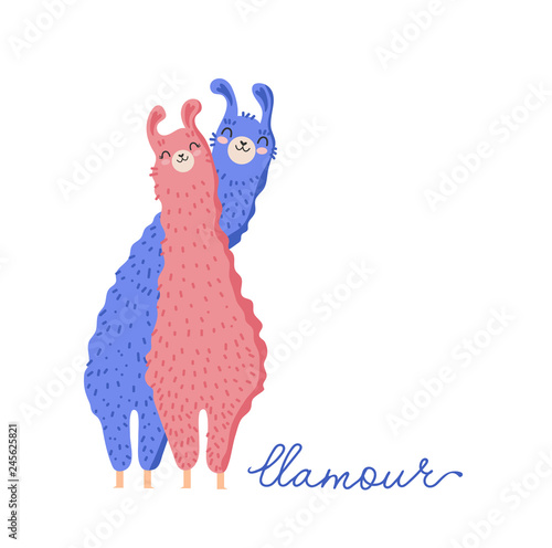 Collection of Valentine's day and llama in love with cactus and heart and many details.Typography poster,card,label,banner design set with background.Vector illustration.