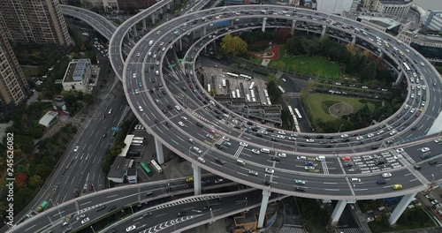 Aerial view of Nanpu Bridge Nanpu Bridge Approach Bridge in Shanghai, the Chinese characters on the road indicate where you are going, it mean 