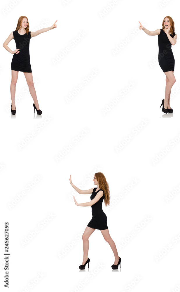 Young woman in black dress pressing virtual button 