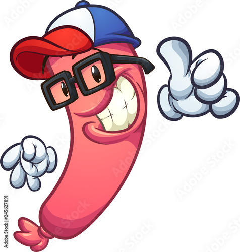 Cartoon sausage with baseball cap and glasses making the thumb up hand sign. Vector clip art illustration with simple gradients. All in a single layer. 