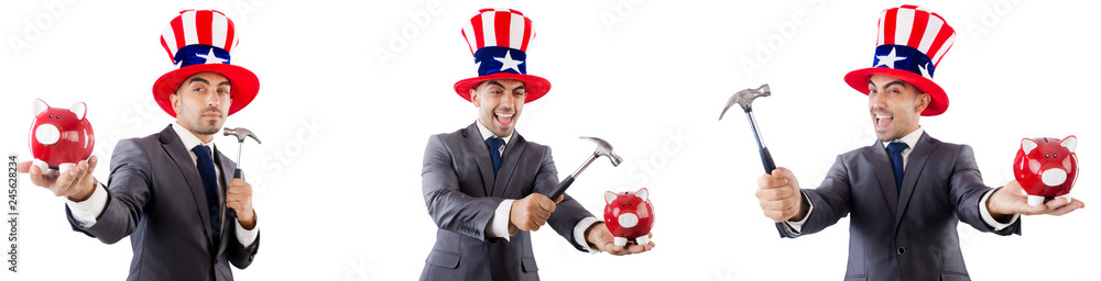 Man with american hat and piggybank and hummer Man with american hat and piggybank and hummer