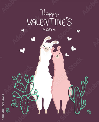 Collection of Valentine's day and llama in love with cactus and heart and many details.Typography poster,card,label,banner design set with background.Vector illustration.