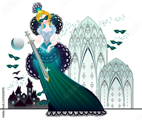 Illustration of fairyland queen in fantasy medieval kingdom. Book cover for children fairy tale. Poster for carnival festival. Vector cartoon image.