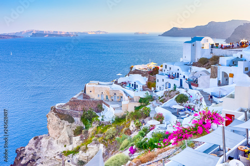 Travel Destinations. Picturesque Breathtaking View of Caldera Volcanic Slope of Oia Village in Santorini Island in Greece