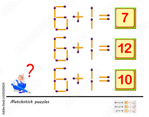 Logic puzzle game. In each task you must move 1 matchstick to make the equations correct. Printable page for brainteaser book. Development of children spatial thinking skills. Vector image.