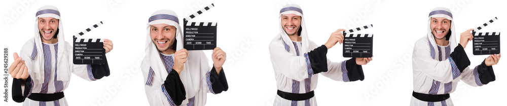 Arab man with clapper-board isolated on white Arab man with clapper-board isolated on white