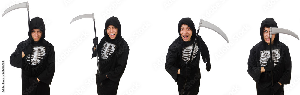 Young man with scythe in halloween concept 