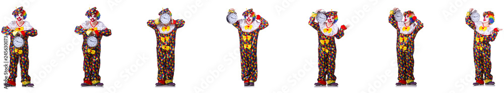 Funny male clown with alarm-clock Funny male clown with alarm-clock
