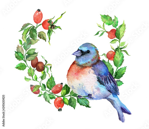 blue bird on the briar branch. Berries wreath. Winter decoration. Hand-drawn watercolor illustration.