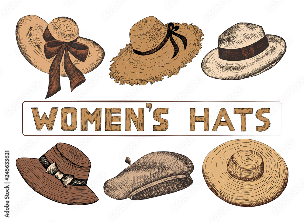 Vector illustration of hand drawn set of sketch colorful women's hats.  Vintage and retro style. Female Fashion. Shopping, shop, store. Stock  Vector | Adobe Stock