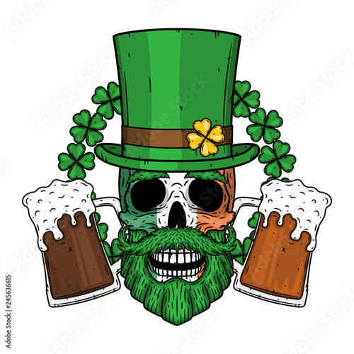 Irish skull. The skull of Saint Patrick's with green hat, glass beer and clover leaves.