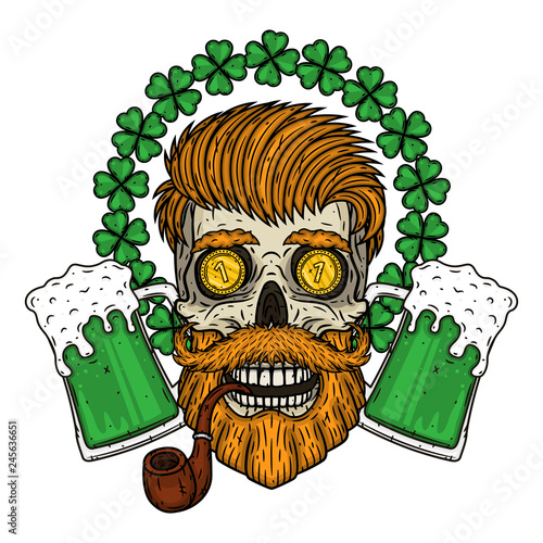 Irish skull. The skull of Saint Patrick's with glass beer and clover leaves.