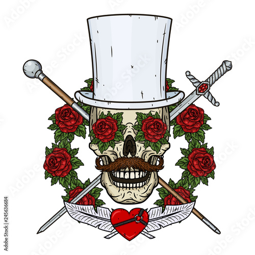 Skull. Valentine skull. The skull of the gentleman. Illustration for Valentine's day.