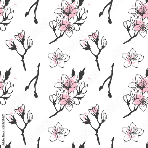 Vector seamless pattern with hand drawn sakura flowers.