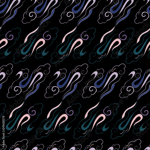 Vector illustration of beautiful lunar twilight with colourful bright clouds resembling dragon tails glowing against black night sky.