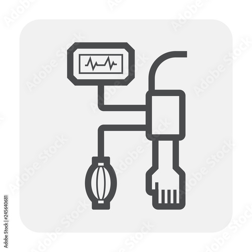 Blood pressure monitor vector icon may called sphygmomanometer consist of arm, digital meter, pulse, air pump. Electronic device or health care equipment for patient, doctor to control hypertension.