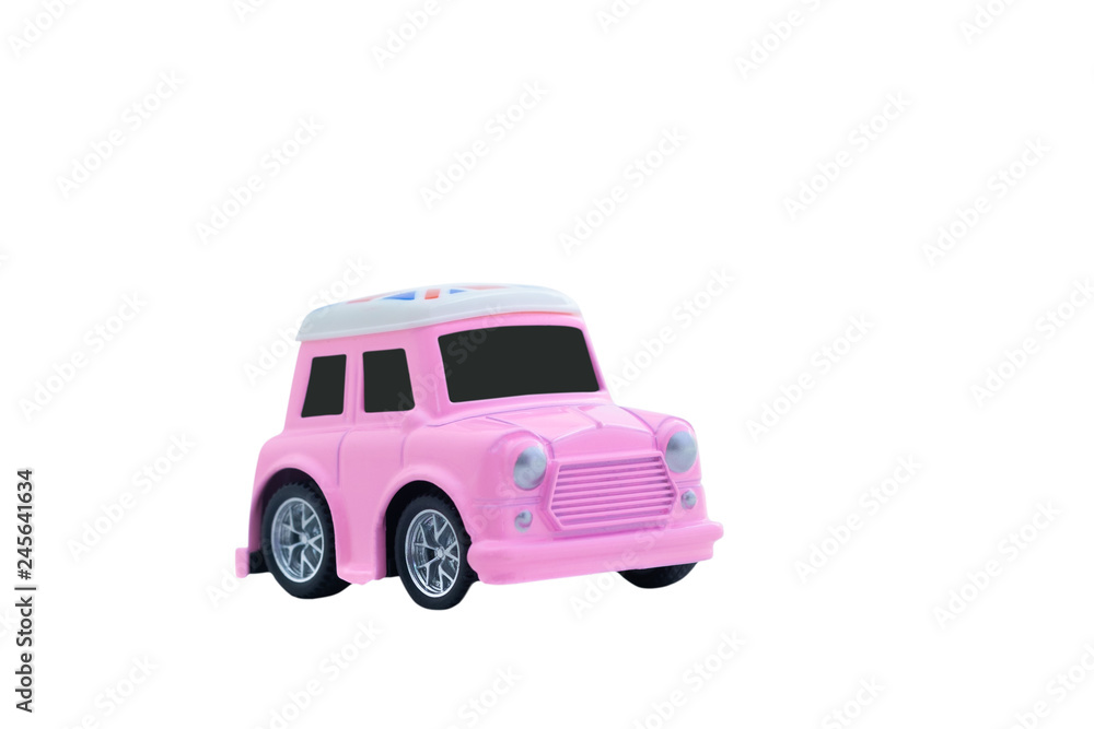 small pink metal toy car clipping path on white background