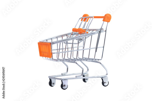 red small shopping cart toy clipping path on white background