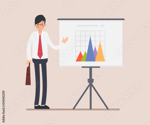 Businessman character presenting the whiteboard. Character for animation scene.