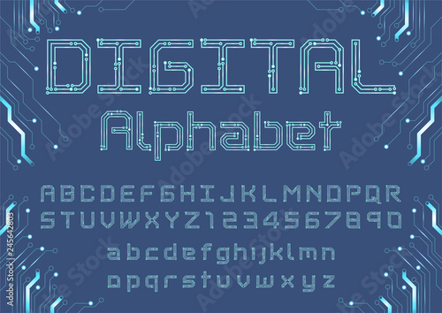 Vector of circuit board font and alphabet