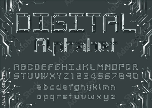 Vector of circuit board font and alphabet