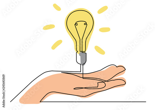 continuous line drawing of hand showing light bulb or idea metaphor