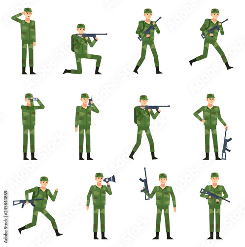 Set of military man showing various actions. Soldier in green military camouflage holding gun, loudspeaker, binoculars, running, saluting. Flat design vector illustration