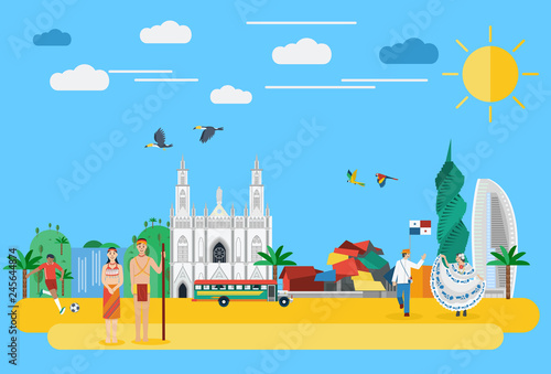 Flat design, Illustration of Panama's landmarks and icons