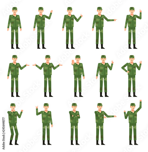 Set of soldiers in green camouflage uniform showing various hand gestures. Cheerful military man pointing, greeting, showing victory hand and other gestures. Flat design vector illustration