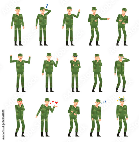 Set of soldiers in green camouflage uniform showing various emotions. Military man thinking, in love, dazed, sleeping, angry and showing other expressions. Flat design vector illustration