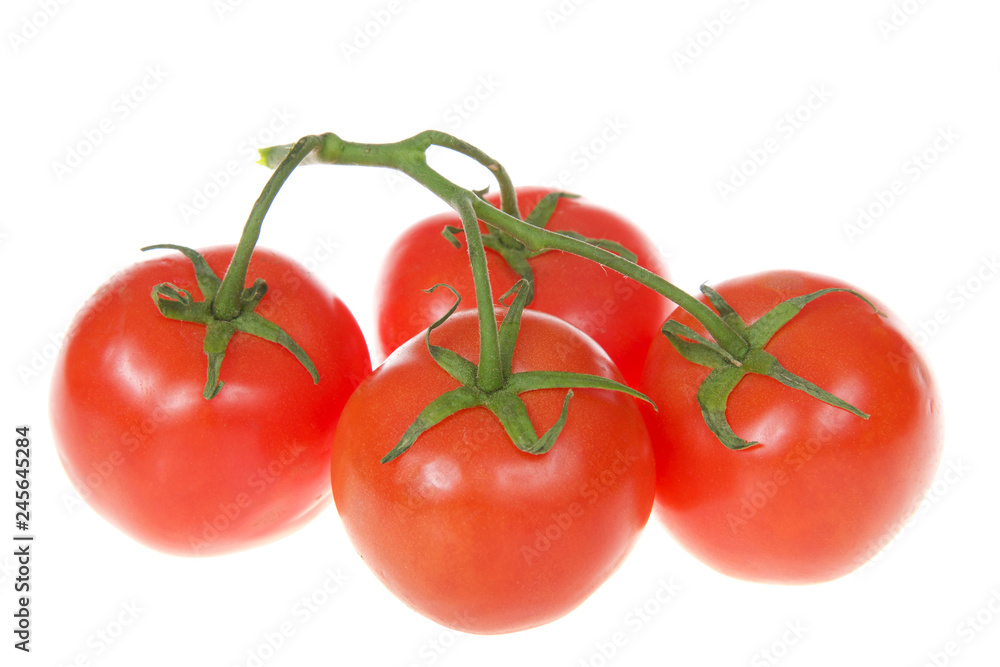 Bunch of ripe tomatoes on the vine isolated on white.