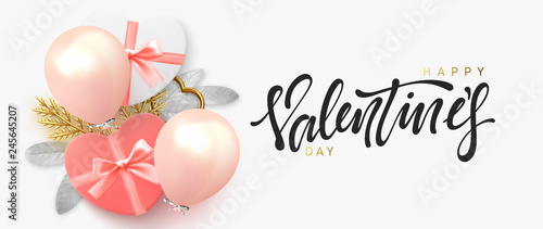 Happy Valentine's Day. Design with realistic objects, gift box in the shape of heart, balloons of pink, bright decor elements. Horizontal poster, greeting cards, headers, website. viewed from above.