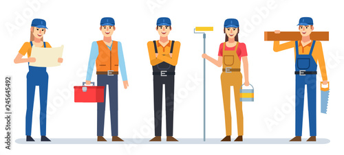 Set of male and female construction workers. Construction team. Flat design vector illustration