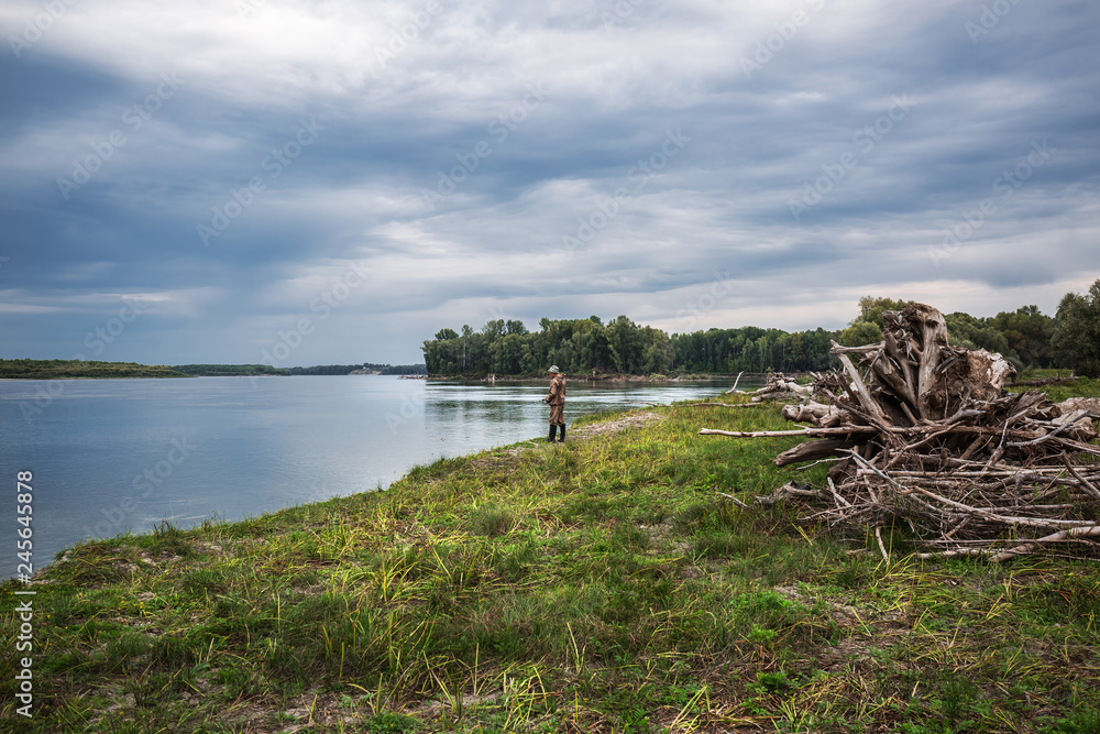 The coast of the Ob river with snags. Western Siberia