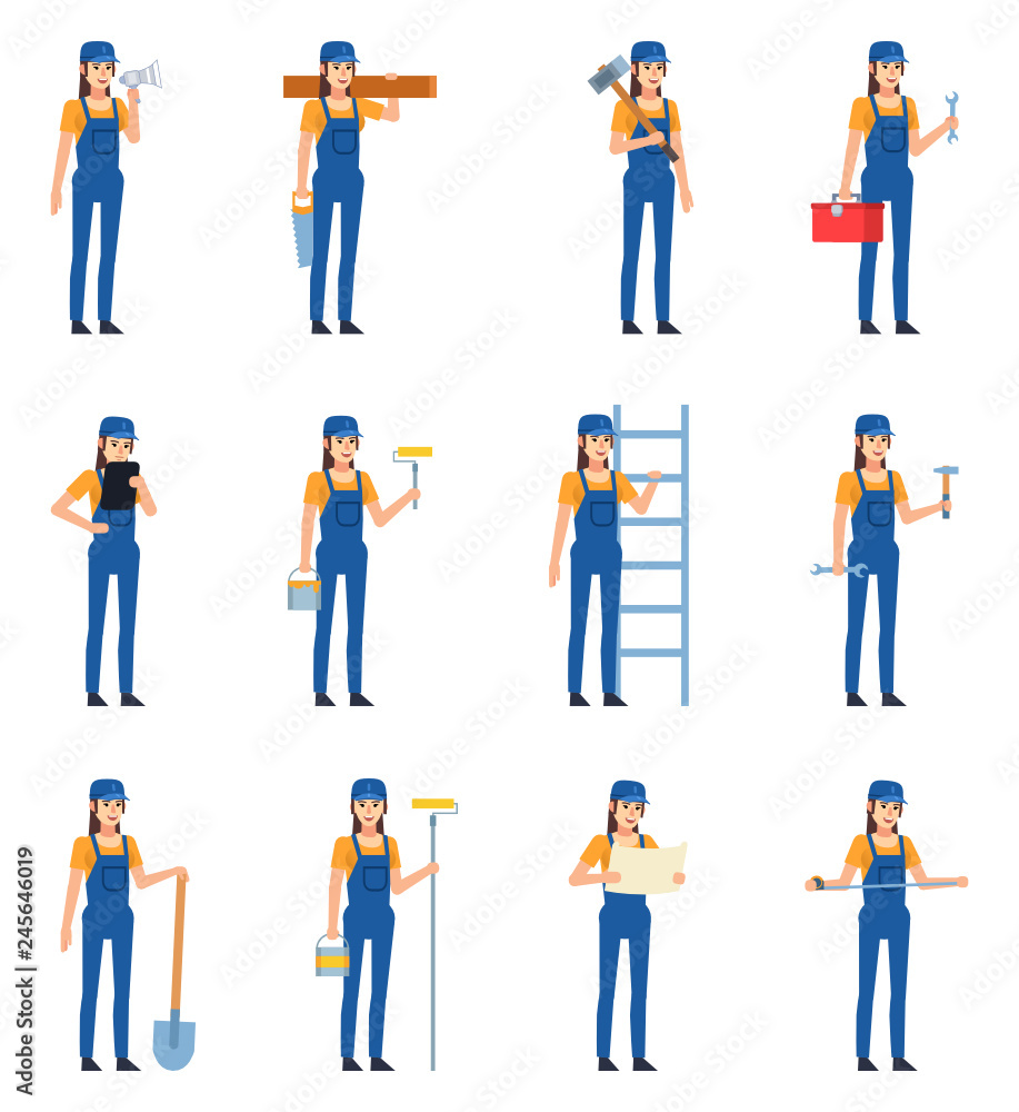 Set of female construction workers showing various actions. Female worker standing with ladder, shovel, wrench, reading plan and showing other actions. Flat design vector illustration
