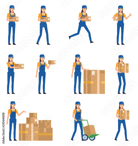 Set of female construction worker characters posing with various parcel boxes. Female worker holding package, running, walking and showing other actions. Flat design vector illustration