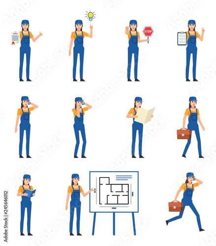 Set of female construction worker characters showing various actions. Female worker having idea, reading book, talking on phone and showing other actions. Flat design vector illustration