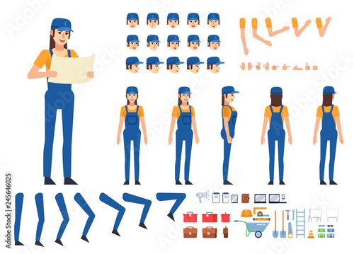 Female worker, builder in blue overalls creation kit. Create your own pose, action, animation. Various emotions, gestures, design elements. Flat design vector illustration