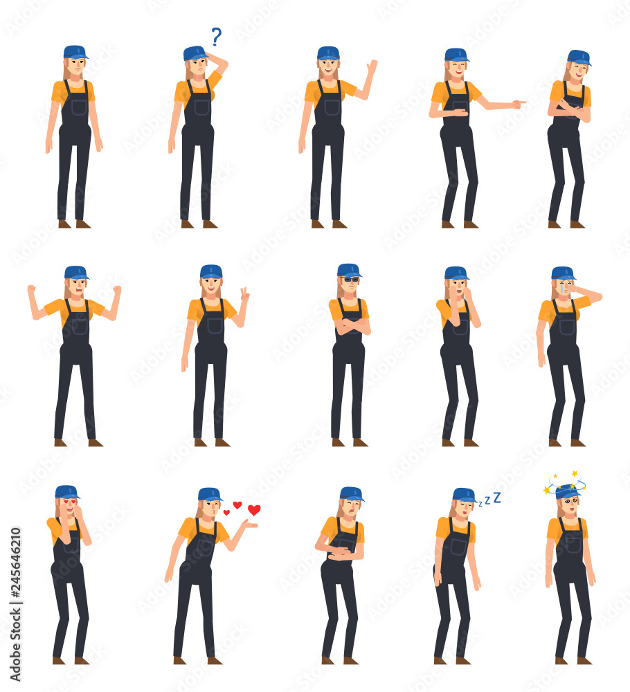 Set of female construction worker in dark overalls showing various emotions. Female worker laughing, angry, tired, thinking and showing other emotions. Flat design vector illustration Set of female construction worker in dark overalls showing various emotions. Female worker laughing, angry, tired, thinking and showing other emotions. Flat design vector illustration