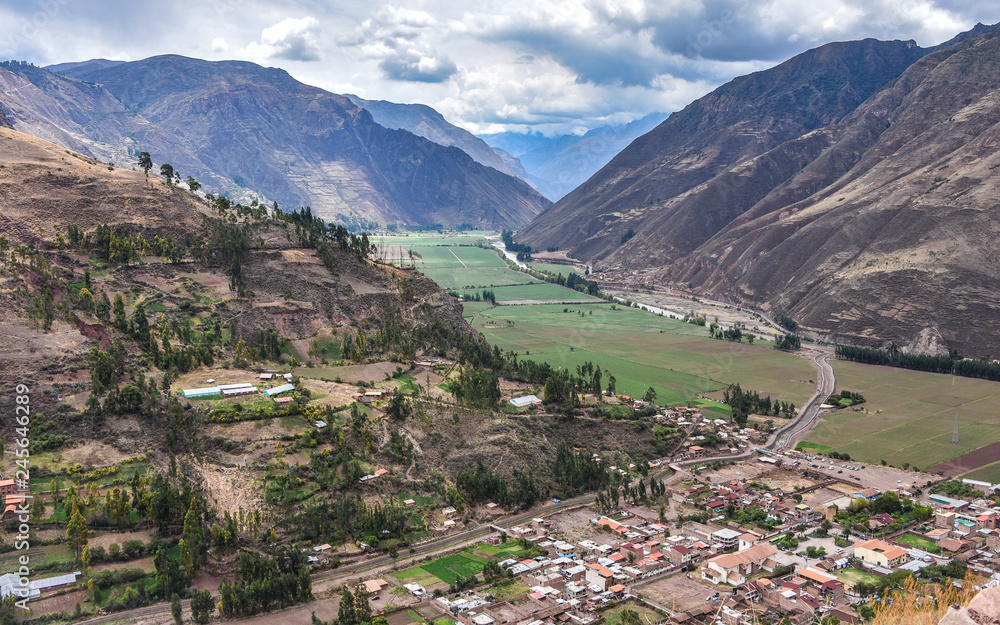 Panoramic views of the Sacred Valley from Mirador de Taray. Pisac, Cusco, Peru