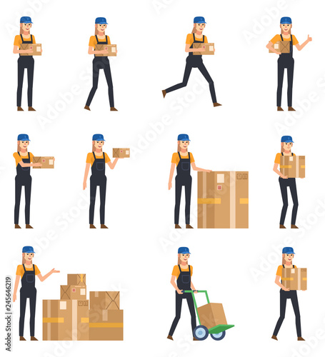 Set of female construction worker in dark overalls posing with various parcel boxes. Female worker holding package, running, walking and showing other actions. Flat design vector illustration