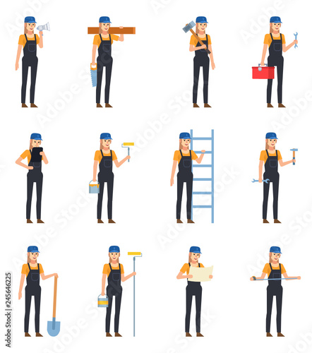 Set of female construction worker in dark overalls showing various actions. Female worker standing with ladder  shovel  wrench  reading plan and showing other actions. Flat design vector illustration