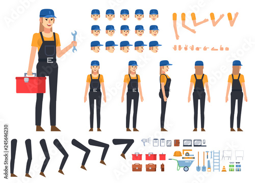 Female worker, builder in dark overalls creation kit. Create your own pose, action, animation. Various emotions, gestures, design elements. Flat design vector illustration