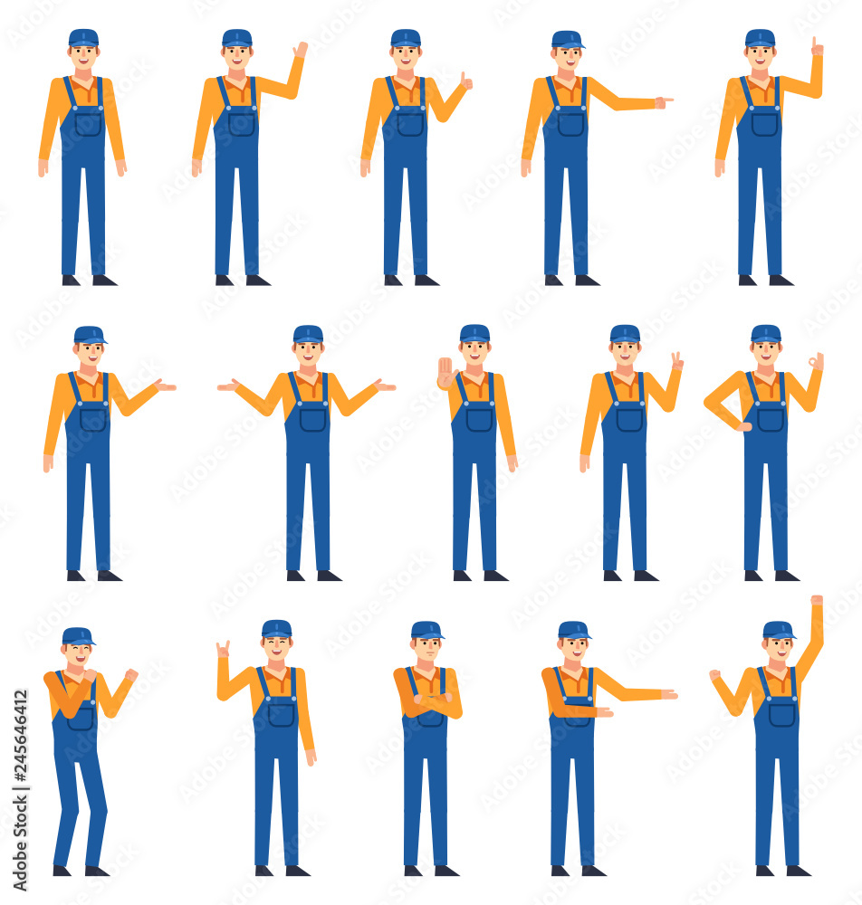 Set of construction workers showing various hand gestures. Cheerful worker in blue overalls pointing, greeting, showing thumb up, victory hand and other gestures. Flat design vector illustration