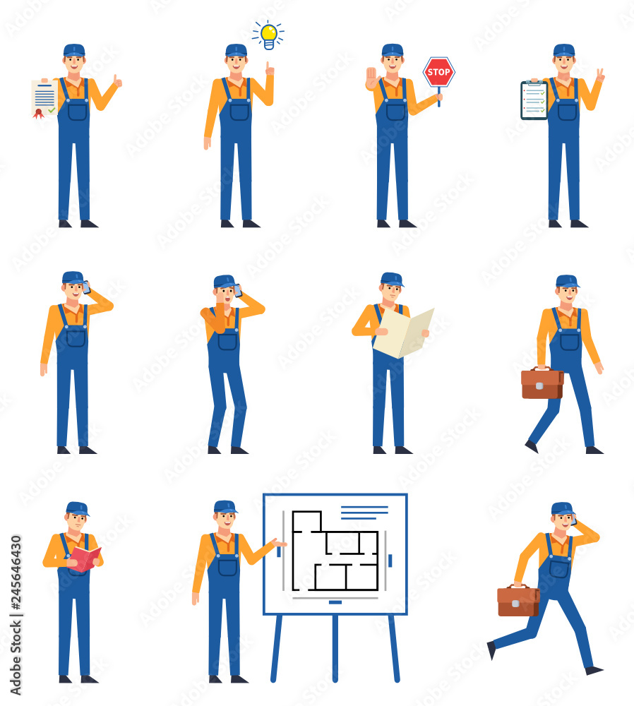 Set of workers, couriers or mechanics showing various actions. Cheerful worker holding document, stop sign, reading book, talking on phone and showing other actions. Flat design vector illustration Set of workers, couriers or mechanics showing various actions. Cheerful worker holding document, stop sign, reading book, talking on phone and showing other actions. Flat design vector illustration