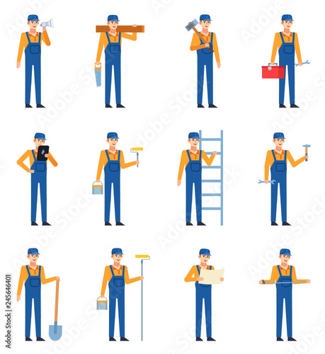 Set of construction workers in blue overalls showing various actions. Cheerful workman holding shovel, wrench, toolbox, ladder and other tools. Flat design vector illustration